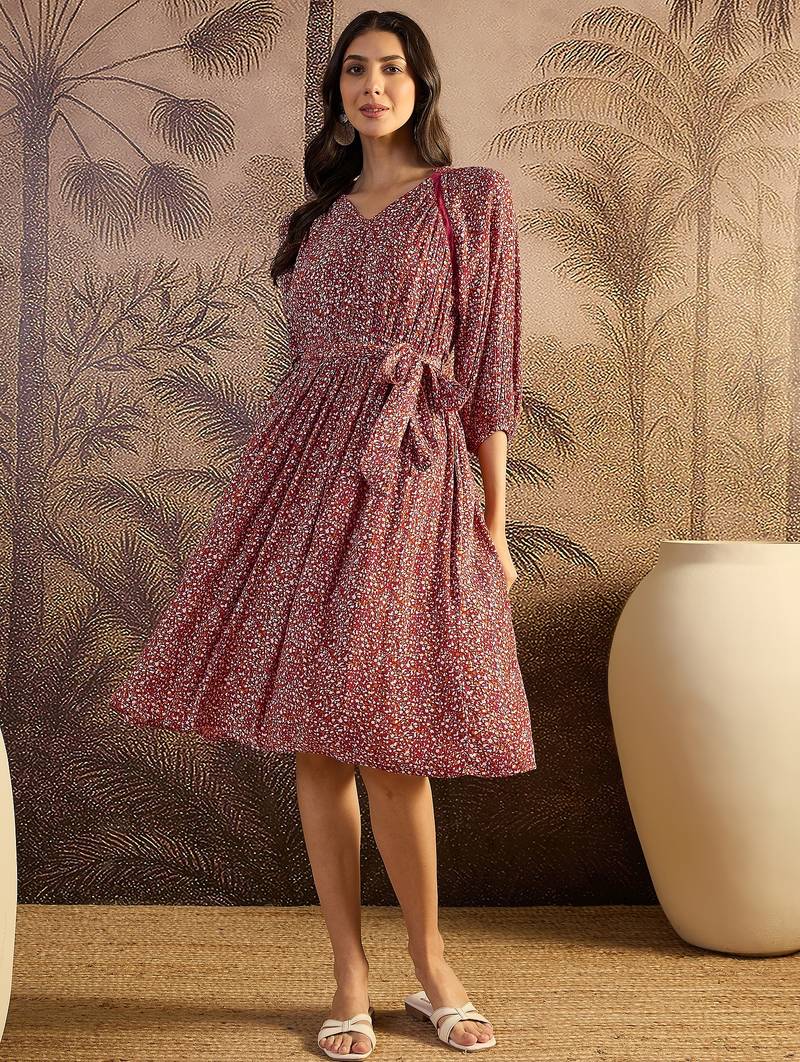 women's printed fit and flare  red viscose lurex dress