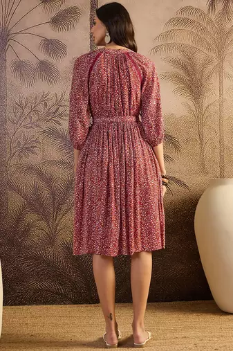 women's printed fit and flare  red viscose lurex dress