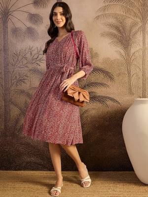 women's printed fit and flare  red viscose lurex dress 4