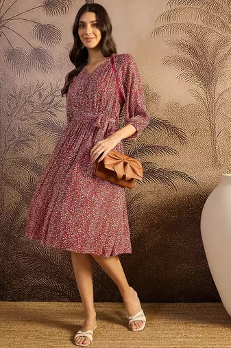 women's printed fit and flare  red viscose lurex dress