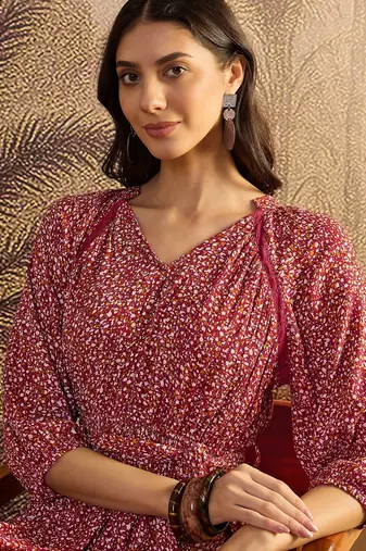 women's printed fit and flare  red viscose lurex dress