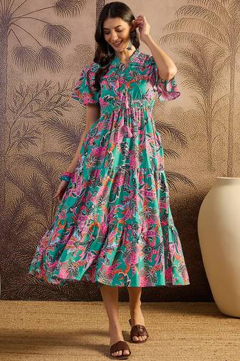 women's printed fit and flare green silk blend dress