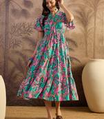 women's printed fit and flare green silk blend dress