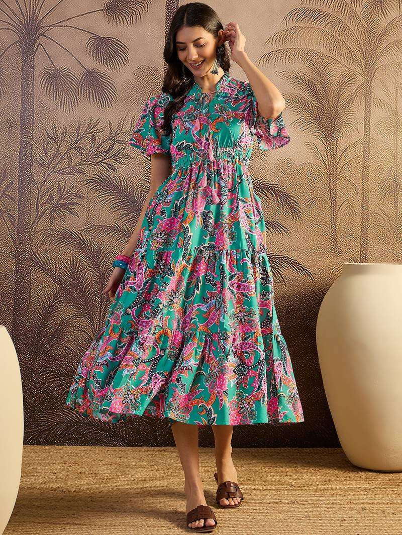 women's printed fit and flare green silk blend dress