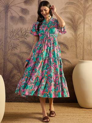 women's printed fit and flare green silk blend dress 2