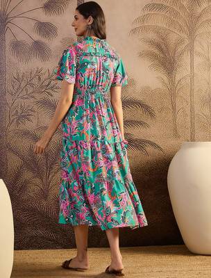 women's printed fit and flare green silk blend dress 3