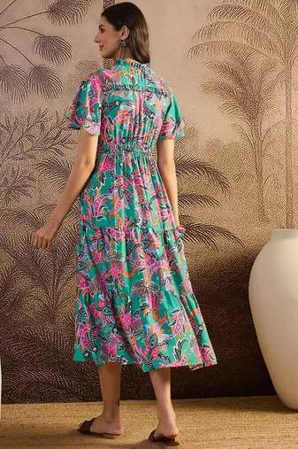 women's printed fit and flare green silk blend dress