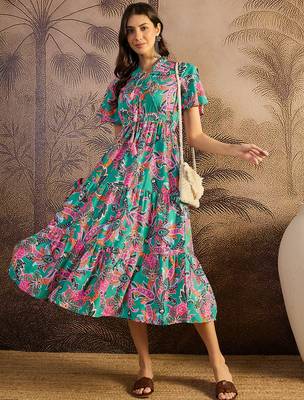 women's printed fit and flare green silk blend dress 4