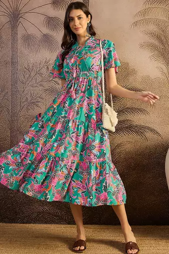 women's printed fit and flare green silk blend dress