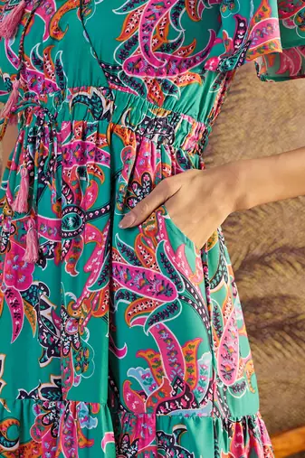 women's printed fit and flare green silk blend dress