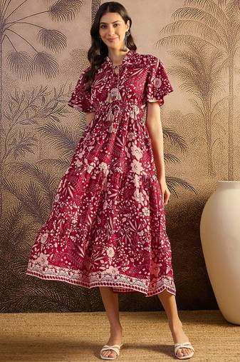 women's printed fit and flare maroon silk blend dress