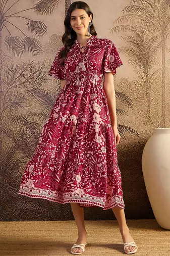 women's printed fit and flare maroon silk blend dress