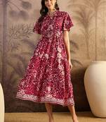 women's printed fit and flare maroon silk blend dress