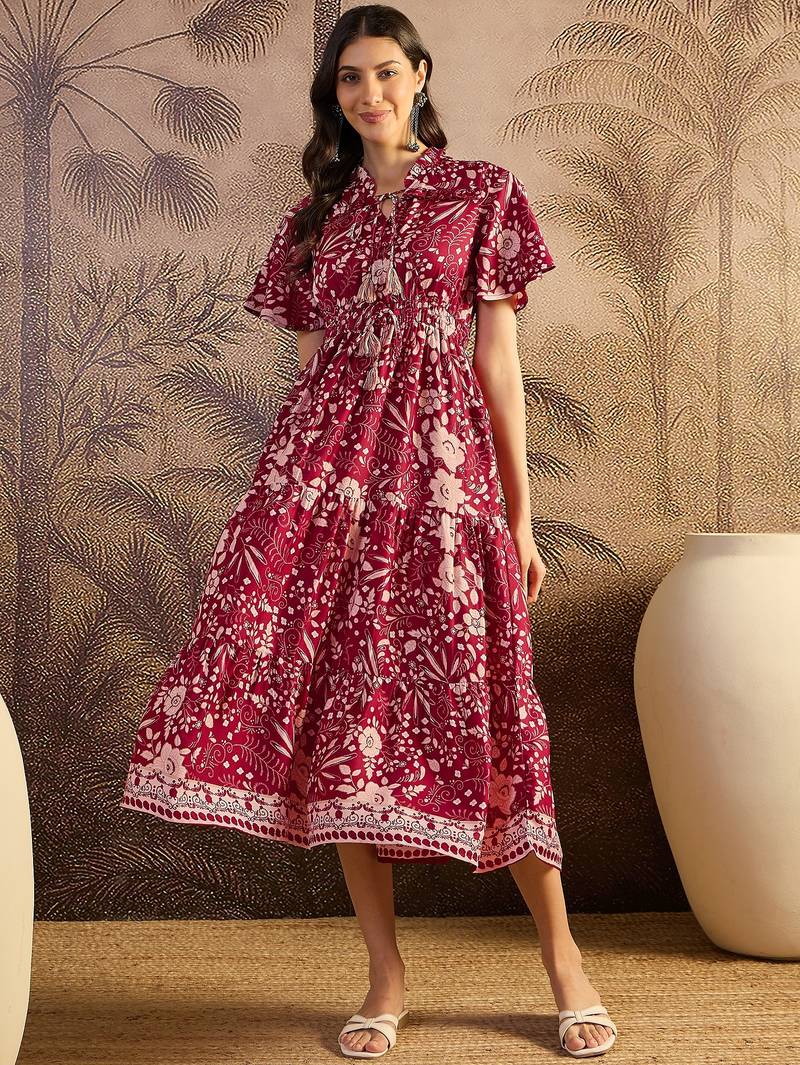 women's printed fit and flare maroon silk blend dress
