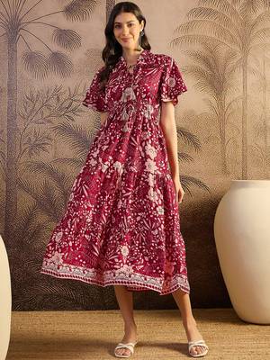 women's printed fit and flare maroon silk blend dress 2
