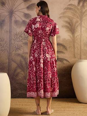 women's printed fit and flare maroon silk blend dress 3