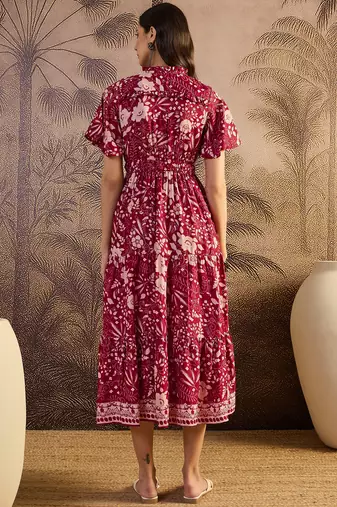 women's printed fit and flare maroon silk blend dress