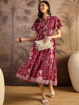 women's printed fit and flare maroon silk blend dress 4