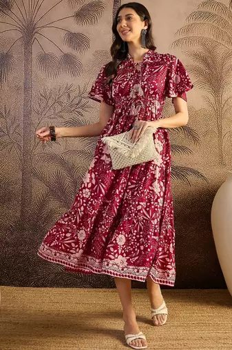 women's printed fit and flare maroon silk blend dress