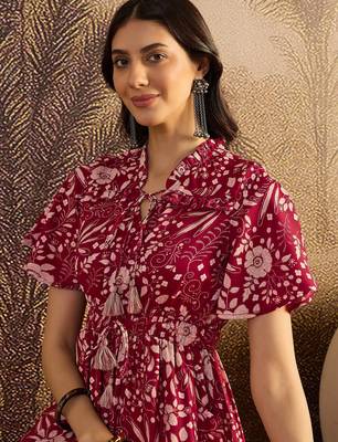women's printed fit and flare maroon silk blend dress 5