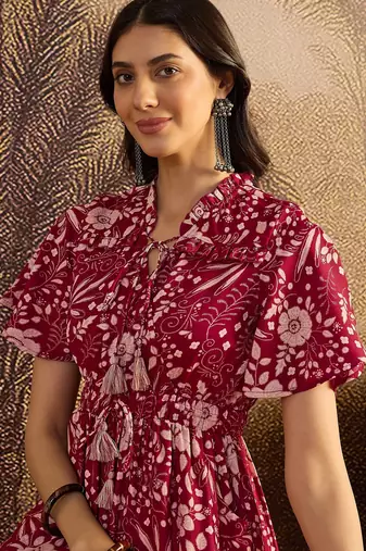 women's printed fit and flare maroon silk blend dress