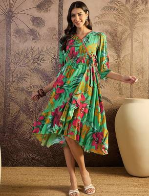 women's printed fit and flare  green viscose rayon dress 1