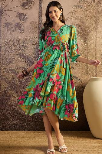 women's printed fit and flare  green viscose rayon dress