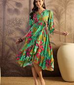 women's printed fit and flare  green viscose rayon dress