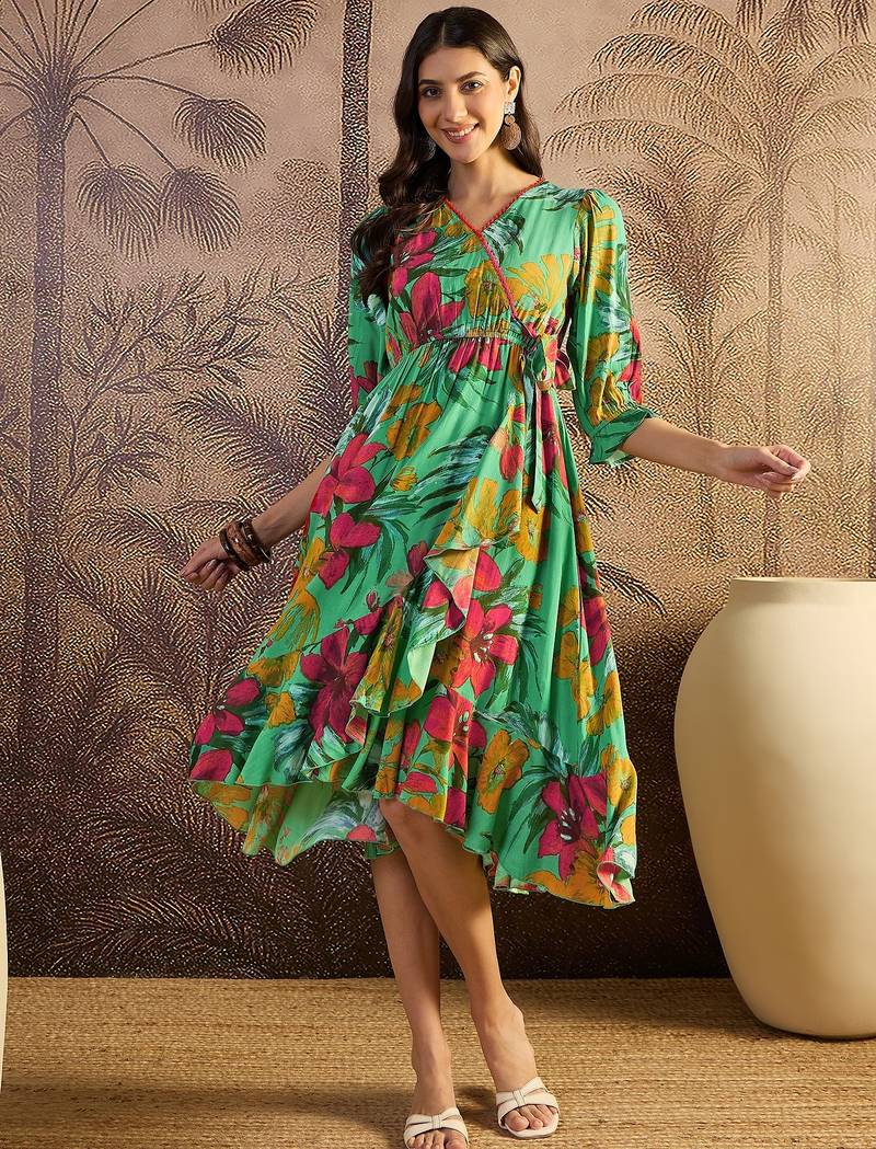 women's printed fit and flare  green viscose rayon dress