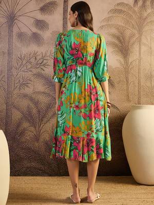 women's printed fit and flare  green viscose rayon dress 3