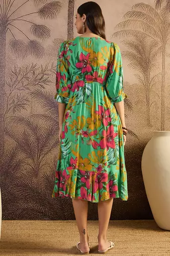 women's printed fit and flare  green viscose rayon dress