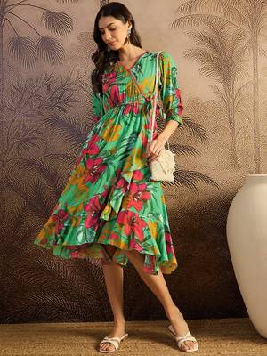 women's printed fit and flare  green viscose rayon dress 4