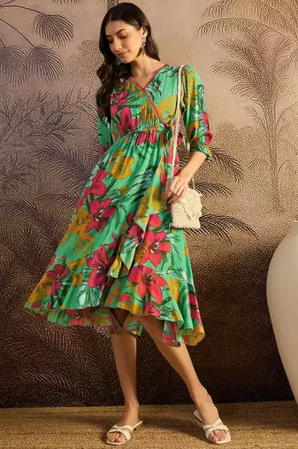 women's printed fit and flare  green viscose rayon dress