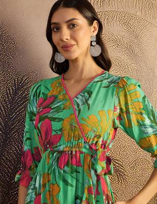 women's printed fit and flare  green viscose rayon dress 5