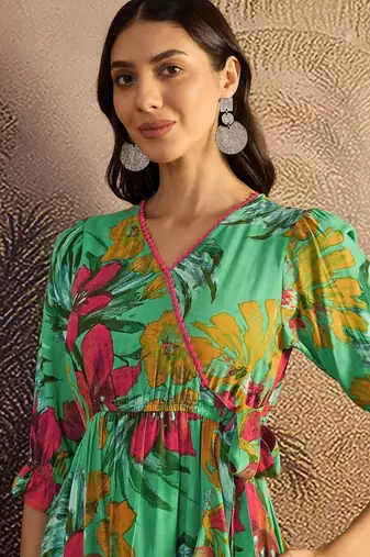 women's printed fit and flare  green viscose rayon dress