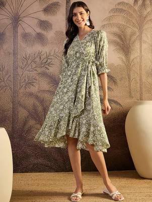 women's printed fit and flare olive viscose rayon dress 1