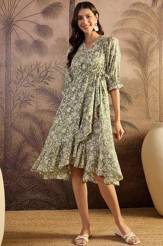 women's printed fit and flare olive viscose rayon dress