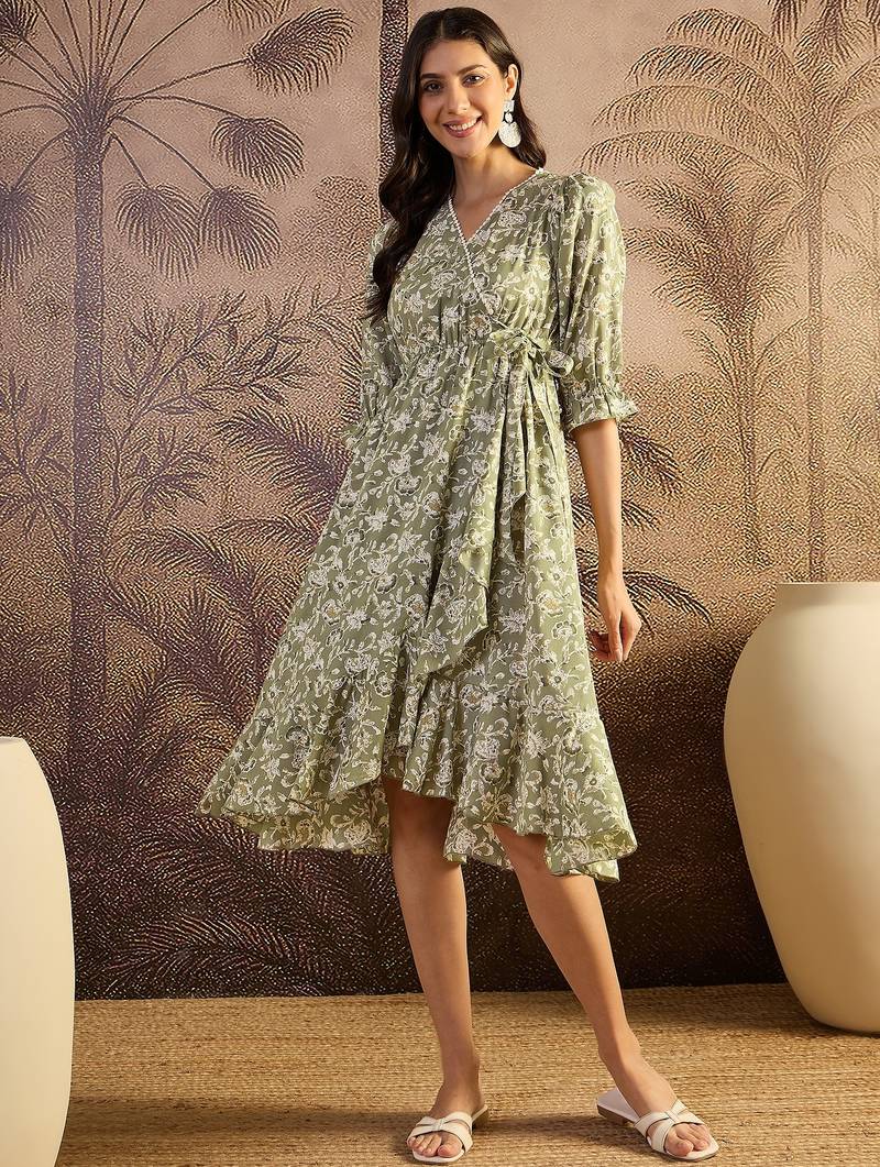 women's printed fit and flare olive viscose rayon dress