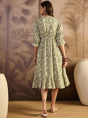 women's printed fit and flare olive viscose rayon dress 3