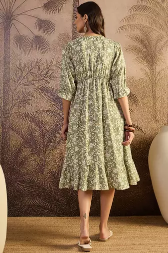 women's printed fit and flare olive viscose rayon dress
