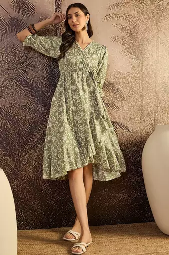 women's printed fit and flare olive viscose rayon dress