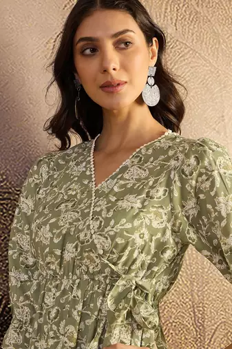 women's printed fit and flare olive viscose rayon dress