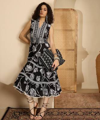 women's printed fit and flare black cotton blend dress 1