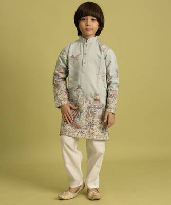 pista green viscose silk thread embroidered boys kurta pajama 6