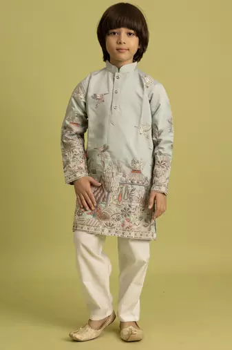 pista green viscose silk thread embroidered boys kurta pajama