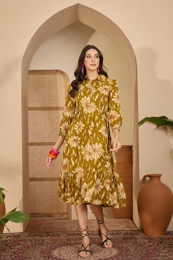 women's floral printed  mustard puff sleeve a-line  viscose midi dress
