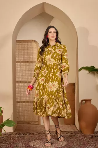 women's floral printed  mustard puff sleeve a-line  viscose midi dress