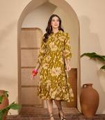 women's floral printed  mustard puff sleeve a-line  viscose midi dress