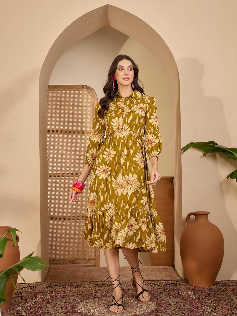 women's floral printed  mustard puff sleeve a-line  viscose midi dress