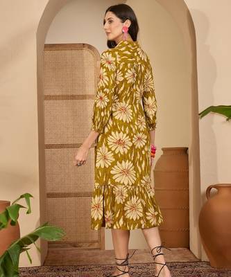 women's floral printed  mustard puff sleeve a-line  viscose midi dress 3